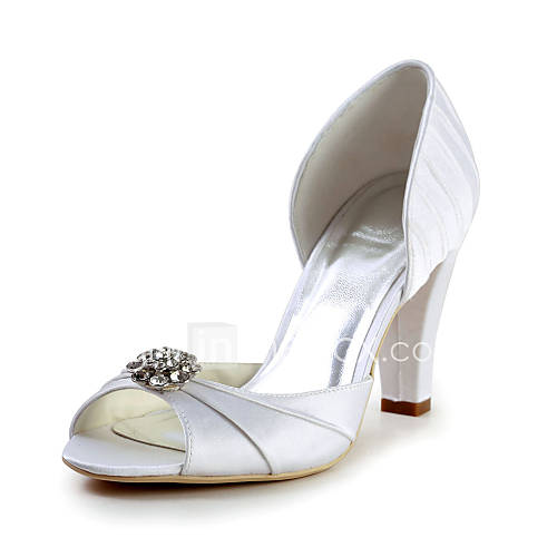 Elegant Satin Chunky Heel Pumps with Rhinestone Wedding Shoes(More ...