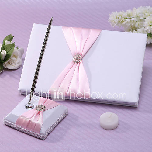 Chic Wedding Guest Book And Pen Set En satin rose avec Sash et strass