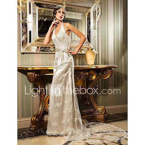 Sheath/Column Halter Court Train Lace And Stretch Satin Wedding Dress (632805)
