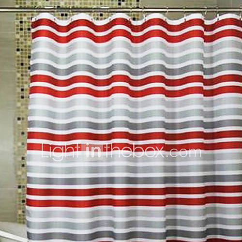Shower Curtain Red & Gray Stripes Print Thick Fabric Waterresistant
