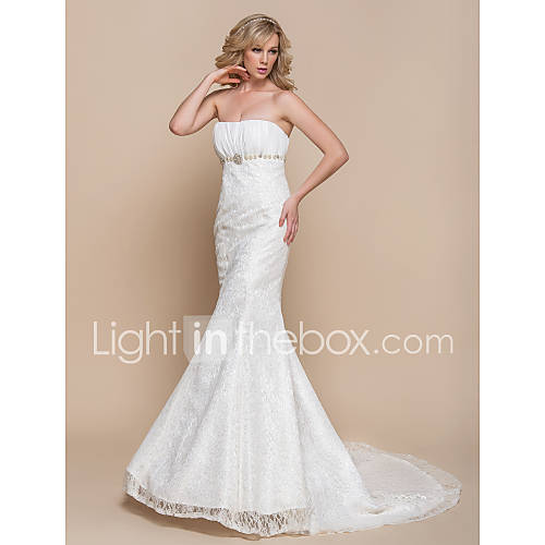 LTBridal Trumpet/Mermaid Strapless Court Train Lace Wedding Dress