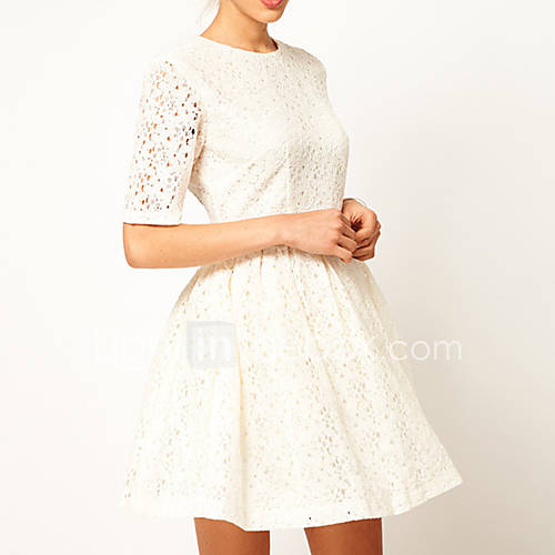 Women S Work Solid Lace Skater Dress Crew Neck Mini Cotton