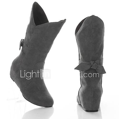 Faux Nubuck Leather Womens Fashion Inner Heel Mid calf Boots Cool Style with Bowtie (More Colors)