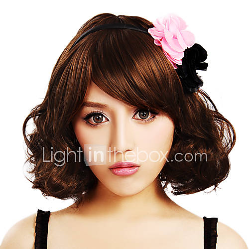 Capless Lovely Medium High Quality Synthetic Curly Light Brown Hair Wigs Side Bang