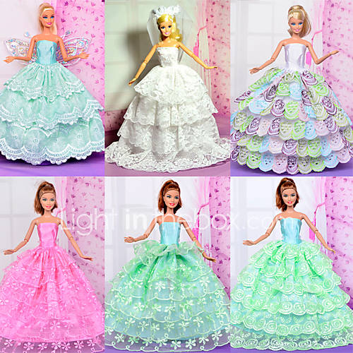 6 Pcs Barbie Doll Sweet Princess Style Deluxe Lace Dress