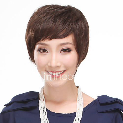 Young Fashion Human Hair Side Bangs Capless Short Straight Darkest Brown Hair Wig