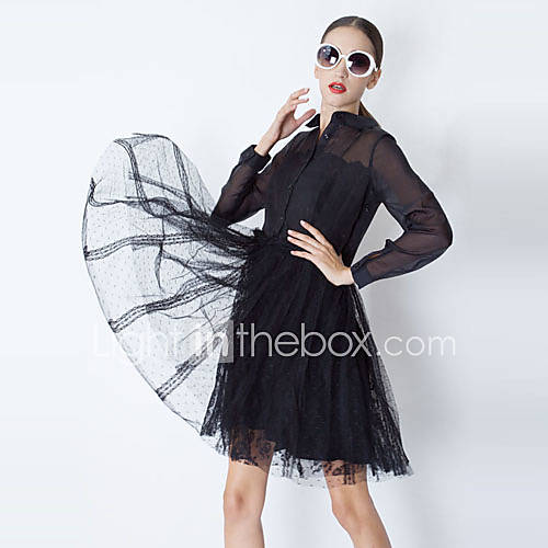YIGOUXIANG Womens Fashion Silk Perspective Large Swing Mesh Lace Dress(Black)