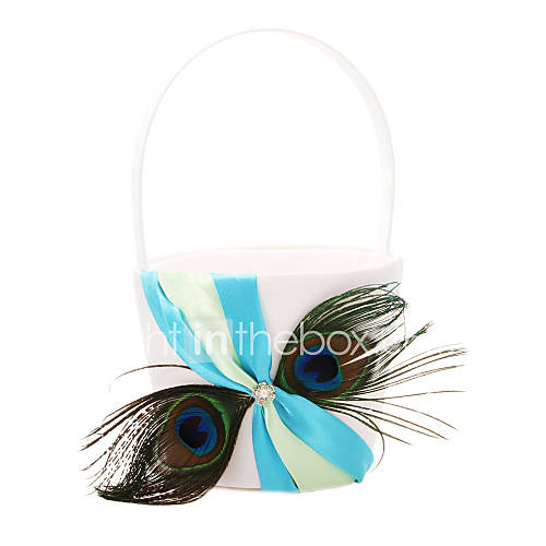 Flower Basket In Blue Satin With Feather Flower Girl Basket Peacock Wedding 1524352 2016 7.99