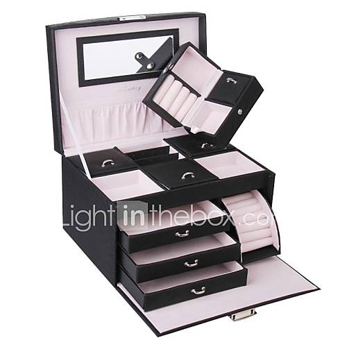 Vintage Large Black Faux Leather Jewelry Box Display Case for Rings Bracelets Necklace with