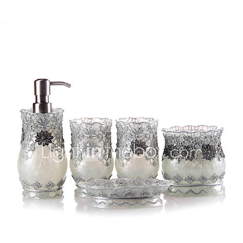 5 Piece Bath Collection Set Resin Material Silver Color,Bath Ensemble