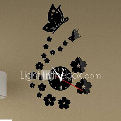 Wall Clock Stickers Wall Decals, Flowers And Butterflies Mirror Acrylic