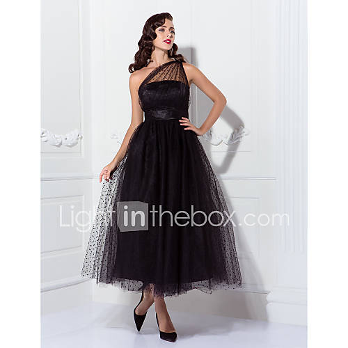 Image de A-ligne princesse une Ã©paule cheville longueur tulle robe de mariage robe de soirÃ©e avec drap par ts couture