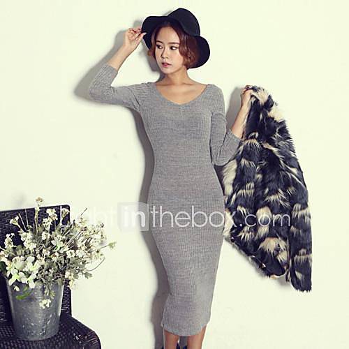 Women's Casual / Party / Bodycon Solid Bodycon Dress , V Neck Midi Wool