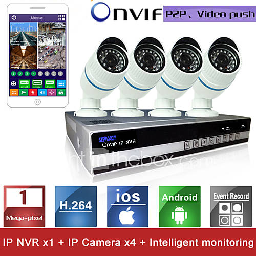 sinocam système de kit de NVR enregistreur vidéo réseau h.264 4 canaux (4pcs mini-1.0MP caméra ip onvif imperméable), p2p