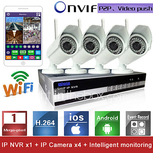 Kit NVR Sinocam, Caméra IP Sans Fil, 4 Canaux H.264 (4 Pièces, 1MP, 3.6mm, Vision Nocturne, Waterproof)