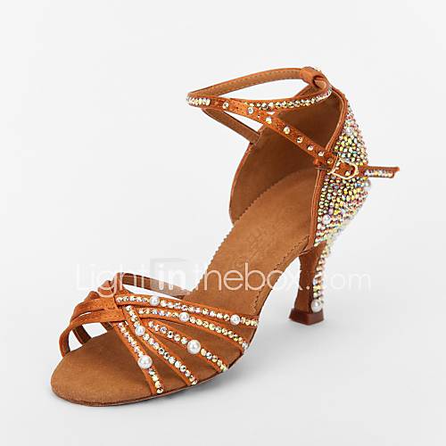 Image de Chaussures de danse(Marron) -Non Personnalisables-Talon Bobine-Satin-Latine Salon
