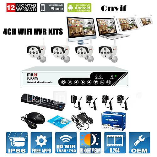 kits 720p wifi NVR 4 canaux; caméra ip wifi soutien réponse aux paramètres d'usine par défaut, avec support, ONVIF, p2p