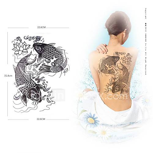 1 pcs imperméables grandes carpe noire lotus motif de soutien tatouage autocollants
