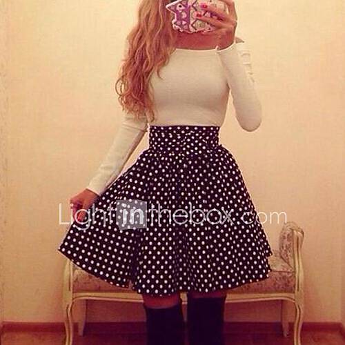 Womens Stripedpolka Dot Redblack Dress Sexy Round Neck Long Sleeve 7856