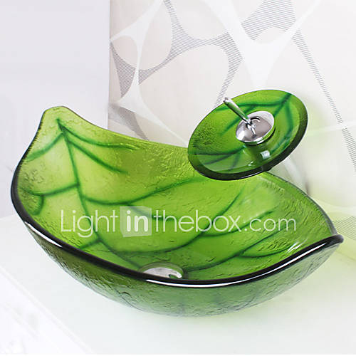 Green Leaf Shape Tempered Glass Vessel Sink with Waterfall Faucet , Pop Up Drain and Mounting