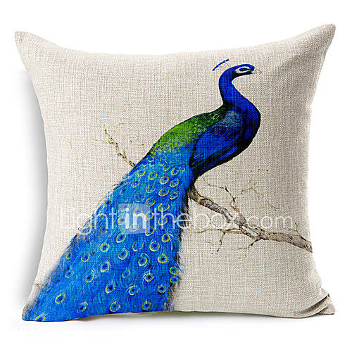 Blue Peacock Patterned Cotton/Linen Decorative Pillow Cover 3753988
