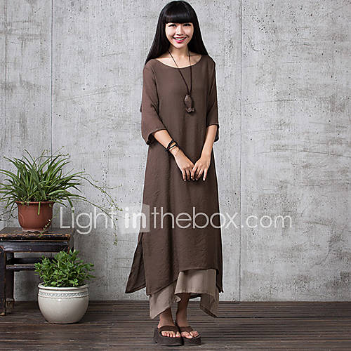 Image de Ample Robe Femme DÃ©contractÃ© / Quotidien simple Chinoiserie,Couleur Pleine Col Arrondi Maxi Demi Manches Lin EtÃ© Micro-Ã©lastique Moyen