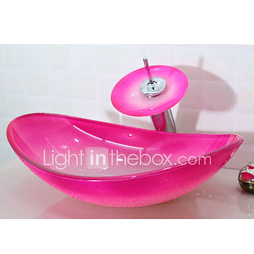 Pink Boatshaped Tempered Glass Vessel Sink with Waterfall Faucet Pop