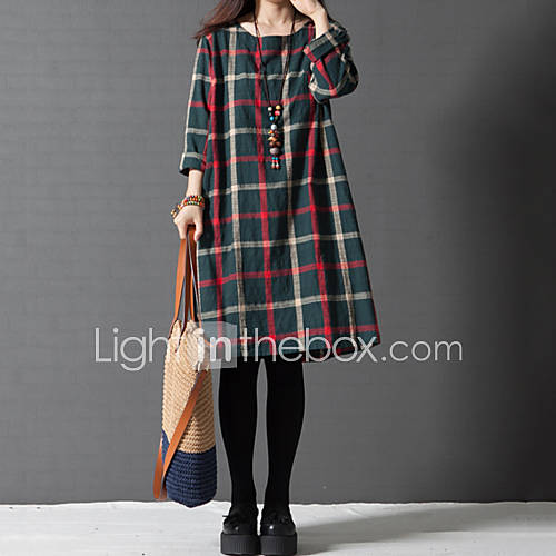 Image de Ample Robe Femme DÃ©contractÃ© / Quotidien Grandes Tailles Chinoiserie,Couleur Pleine Damier Col Arrondi Mi-long Manches 3/4 Coton Lin