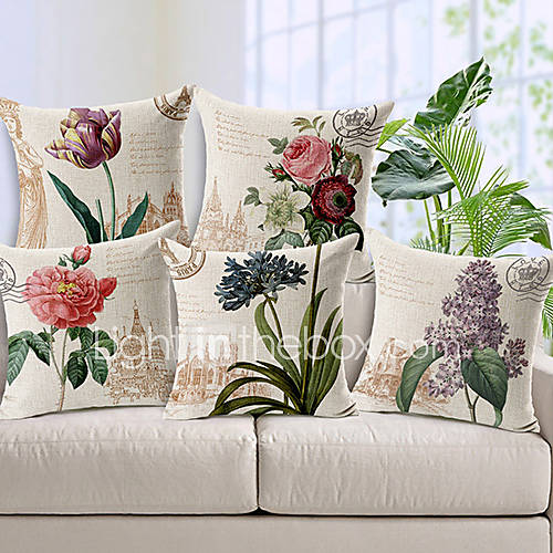 Image de 5 pcs Coton/Lin Housse de coussin,Fleur Rustique