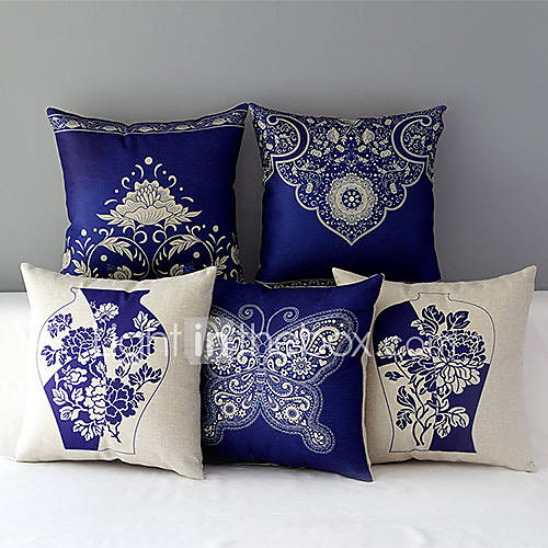 Set of 5 Country Style Porcelain Patterned Cotton/Linen Decorative Pillow Covers 3852358 2016