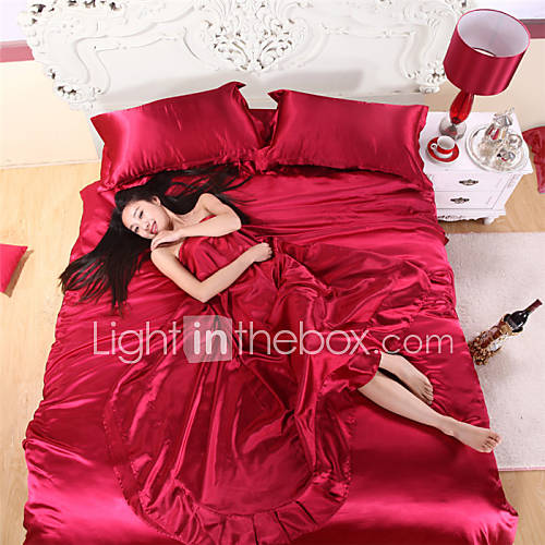 Wine Red Silk Duvet Covers Satin Sheets Bed Linen Solid Silk Pillowcase