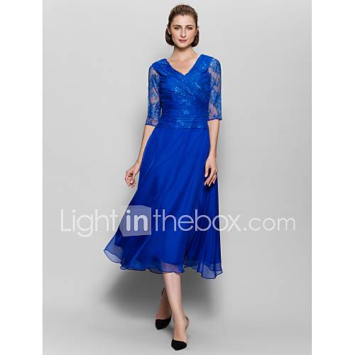 Lanting Bride® Aline Mother of the Bride Dress Tealength Half Sleeve Chiffon / Lace with Lace