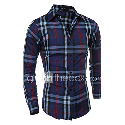 Mens Casual Slim Long Sleeved Plaid Shirt Cotton Polyester Casual