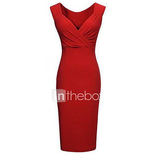 Womens Bodyconparty V Neck Micro Elastic Knee Length Pencil Dress Cotton Blendssleeveless 1491