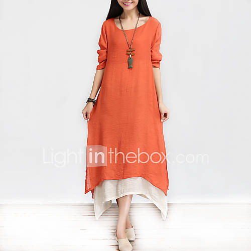 Image de Ample Robe Femme DÃ©contractÃ© / Quotidien simple Chinoiserie,Couleur Pleine MosaÃ¯que Col Arrondi AsymÃ©trique Manches Longues Coton Lin