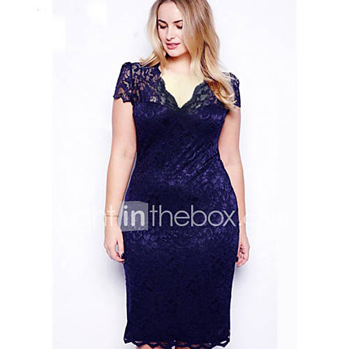 Womens Sexy Bodycon Casual Lace Plus Sizes Inelastic Short Sleeve Above Knee Dress Lace 0830