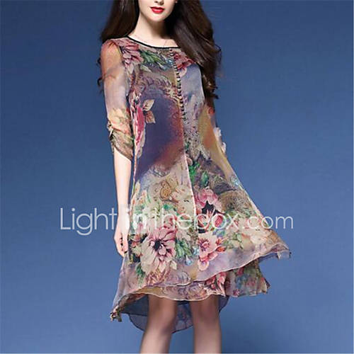 Image de Ample Mousseline de Soie Robe Femme DÃ©contractÃ© / Quotidien Grandes Tailles Chinoiserie,Fleur ImprimÃ© Col Arrondi Mi-long Demi Manches