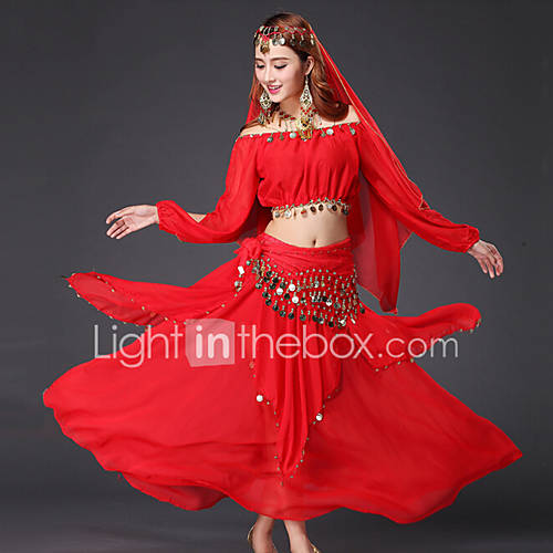 Belly Dance Outfits Women's Performance Chiffon Gold Coins Sequins 4