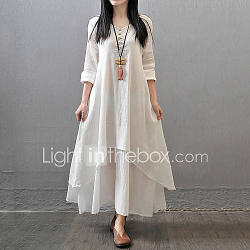 Image de Ample Robe Femme DÃ©contractÃ© / Quotidien simple Chinoiserie,Couleur Pleine Col en V Maxi Manches Longues Coton Polyester AutomneTaille