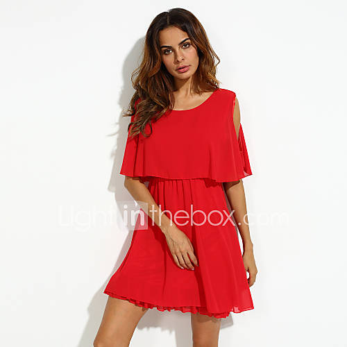 Image de Ample Mousseline de Soie Robe Femme DÃ©contractÃ© / Quotidien Grandes Tailles Sexy Mignon,Couleur Pleine Col Arrondi Au dessus du genou