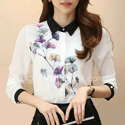 Women's Fashion Korean Shirt Collar Wild Floral Print Stitching Long Sleeve Work OL Chiffon