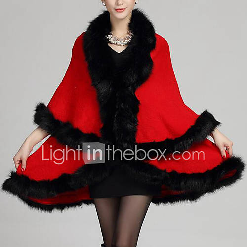 Image de Cape / Capes Femme,Couleur Pleine / ImprimÃ© Sortie / DÃ©contractÃ© / Quotidien Vintage Manches Â¾ Col en V Bleu / Rouge / NoirLaine /