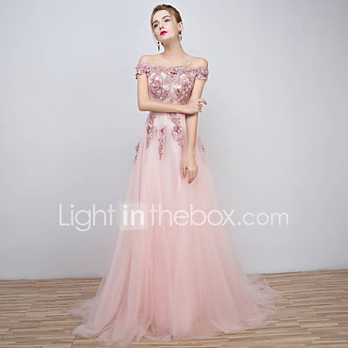 Image de A-ligne hors-l'Ã©paule longueur du sol tulle robe de soirÃ©e formelle avec perles