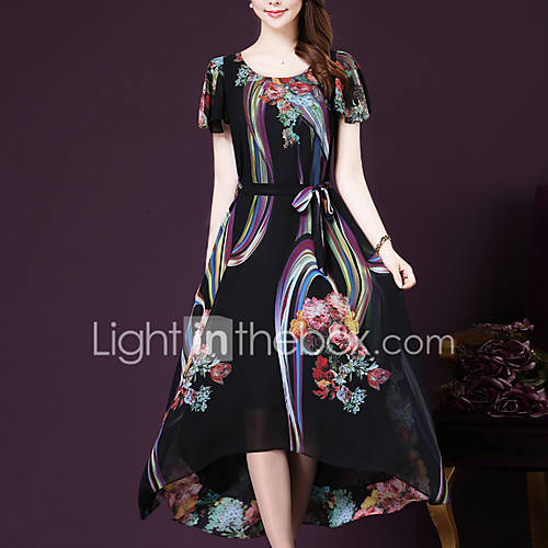 Image de Ample BalanÃ§oire Robe Femme Sortie Grandes Tailles SophistiquÃ©,ImprimÃ© Col Arrondi Midi Manches Courtes Noir Polyester EtÃ© Taille Normale