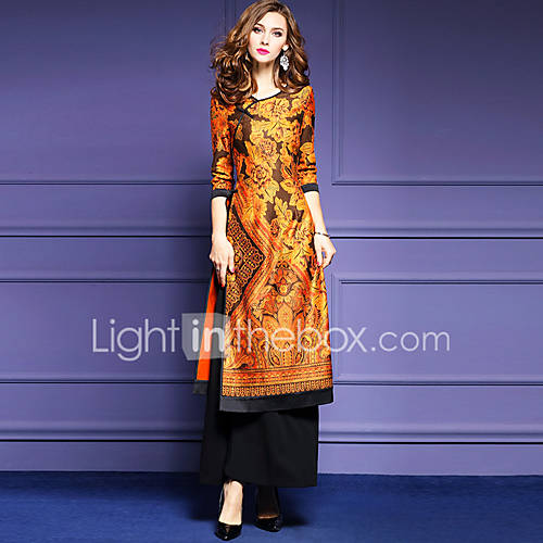 Image de Ample Robe Femme Sortie Grandes Tailles Chic de Rue,Fleur Col Arrondi Maxi Manches Â¾ Jaune Polyester Printemps Taille NormaleNon