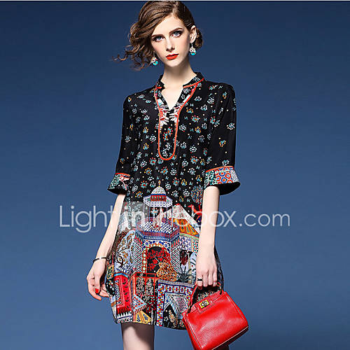 Image de Ample Robe Femme Sortie Grandes Tailles SophistiquÃ©,ImprimÃ© Col en V Au dessus du genou Â½ Manches Noir Soie Polyester Printemps EtÃ©Taille
