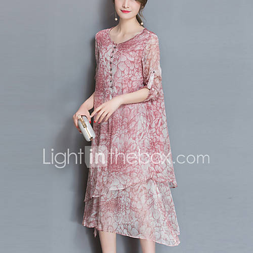 Image de Ample Mousseline de Soie Robe Femme Plage Sortie Grandes Tailles Chinoiserie,ImprimÃ© Col Arrondi AsymÃ©trique Demi Manches Polyester
