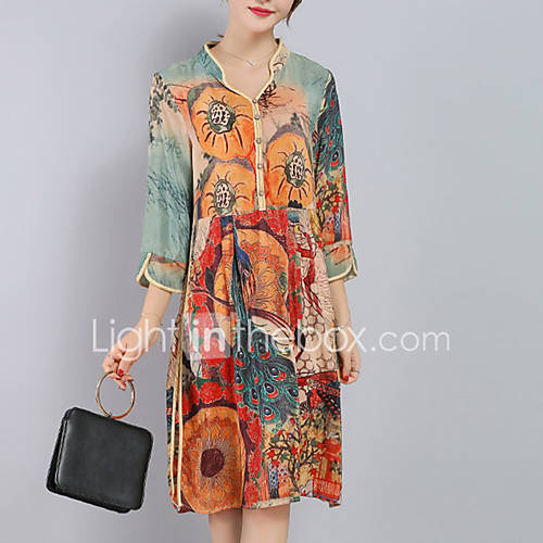 Image de Ample Robe Femme Grandes Tailles Sortie SophistiquÃ©,ImprimÃ© Col en V Mi-long Manches Â¾ Orange Soie Polyester Printemps EtÃ© Taille Normale