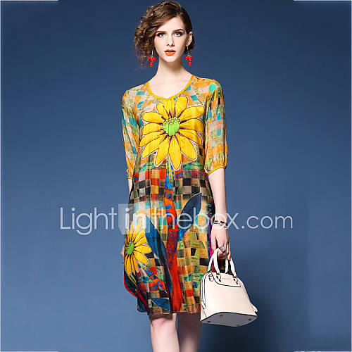 Image de Ample Robe Femme Sortie Chic de Rue,ImprimÃ© Col en V Mi-long Â½ Manches Rayonne Polyester EtÃ© Taille Normale Non Elastique Moyen