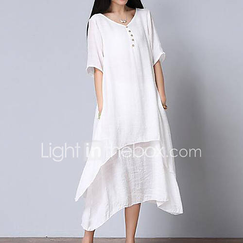 Image de Ample Robe Femme DÃ©contractÃ© / Quotidien simple,Couleur Pleine Col en V Midi Manches Courtes Coton EtÃ© Taille Normale Non Elastique Moyen